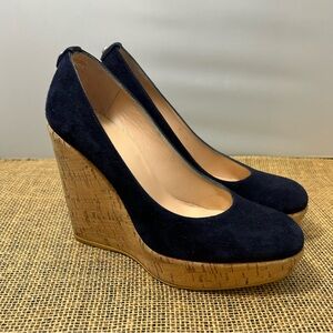 Stuart Weitzman Corkswoon Navy Suede Cork Wedge Platform Heels Shoes Size 6M